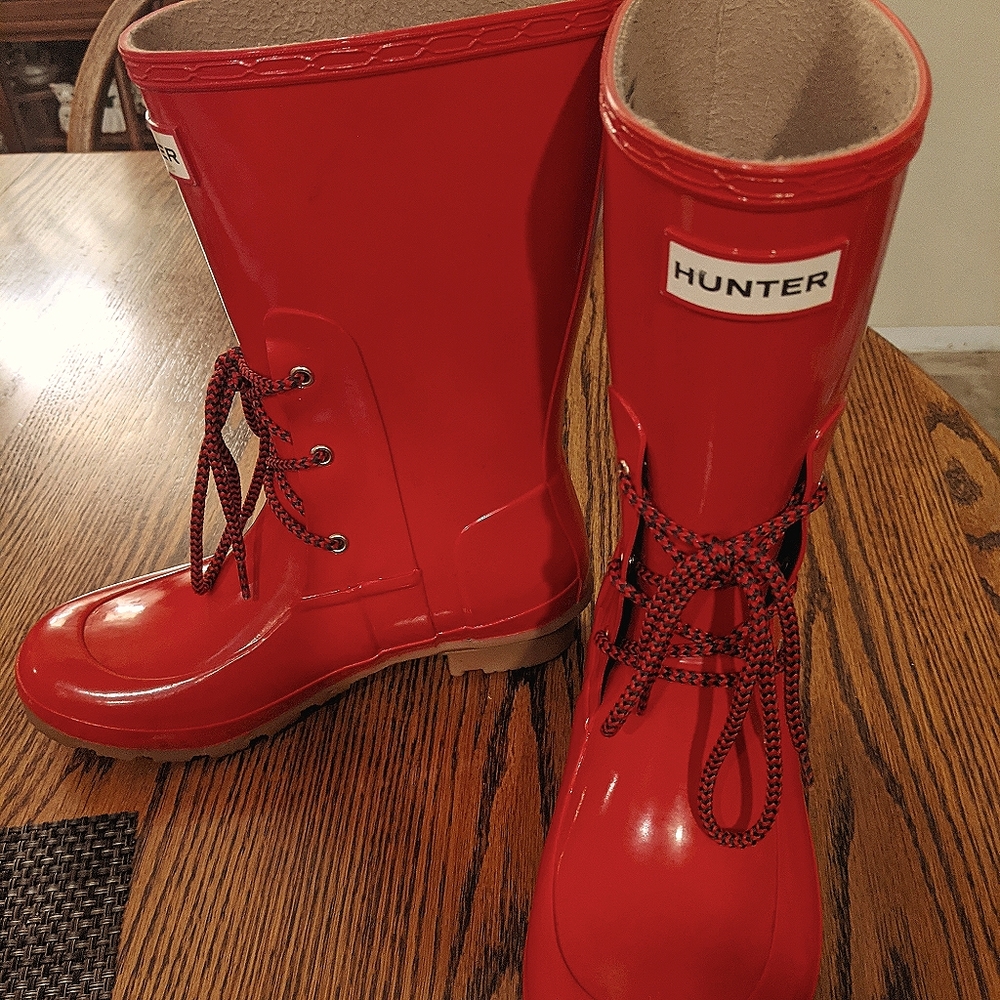 Red Lace Up Short Hunter Rain Boots